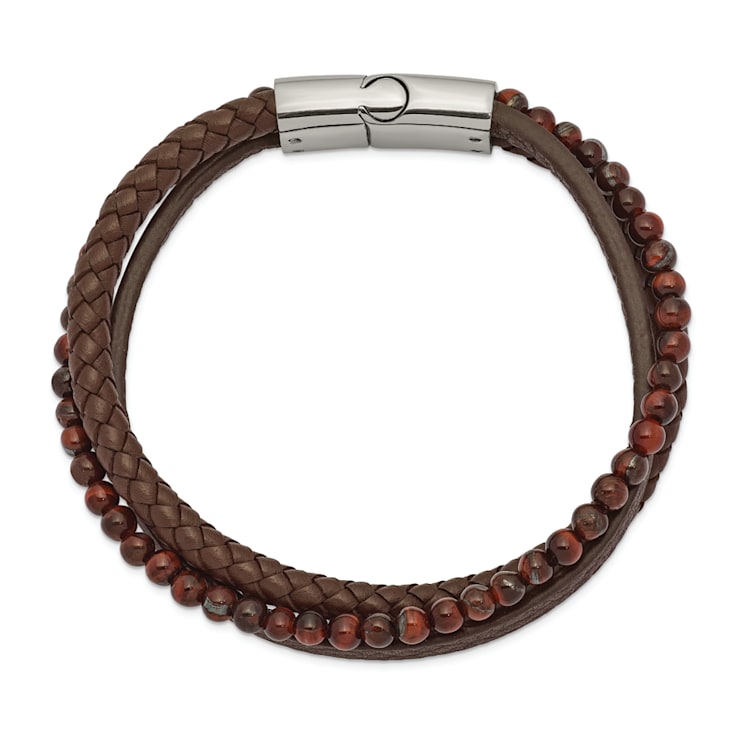 Leather and Stainless Steel Polished with Tiger's Eye Brown 8.25-inch Bracelet
