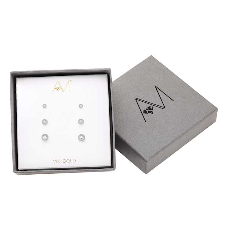 3-Pack 14k White Gold Ball Stud Earrings - 3mm, 4mm, and 5mm Sizes