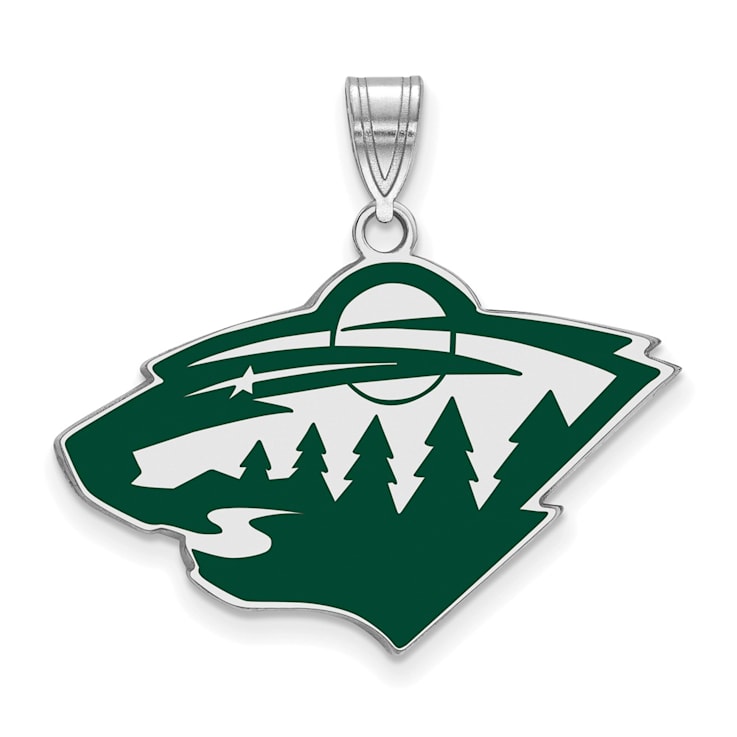 Rhodium Over Sterling Silver NHL LogoArt Minnesota Wild Large Enamel Pendant