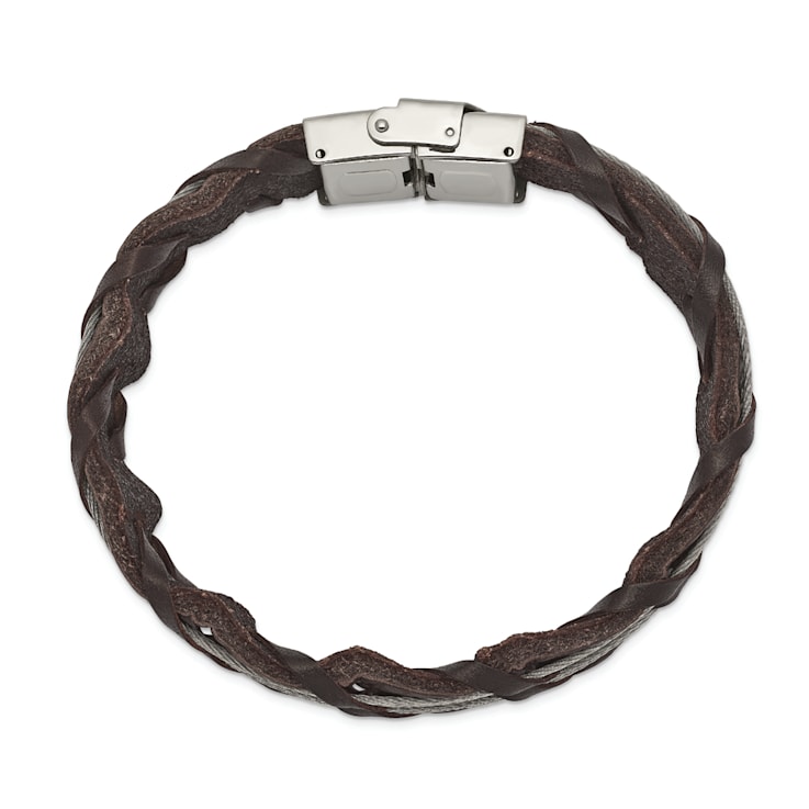 Brown Leather and Stainless Steel Polished Cable 8.5-inch Bracelet