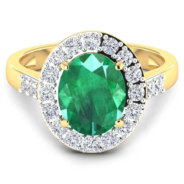 2.63ctw Green Emerald and Diamond 14K Yellow Gold Halo Ring