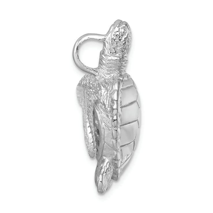 Rhodium Over Sterling Silver Polished and Textured Sea Turtle Slide Pendant