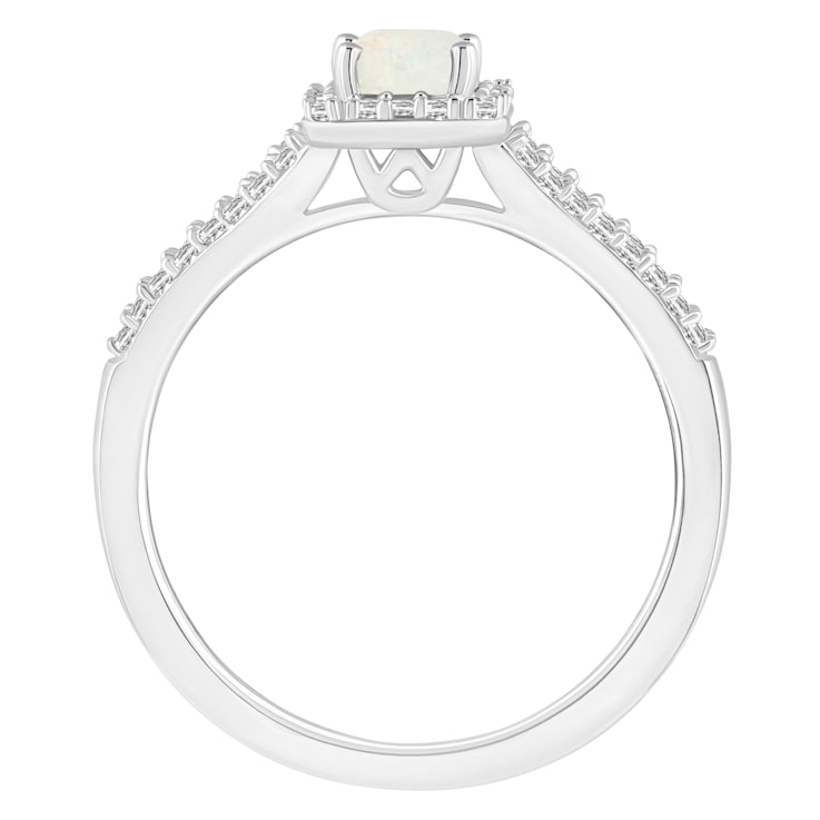 6x4mm Emerald Cut Opal 1/4 ctw Diamond Rhodium Over Sterling Silver Halo Ring