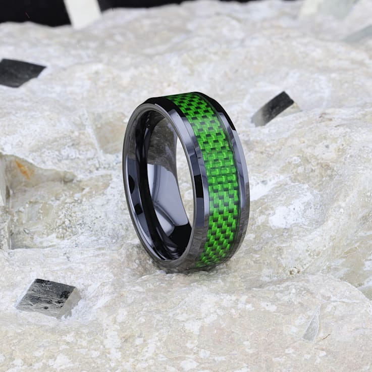 MATLAL Beveled Black Ceramic Ring with Emerald Green Carbon Fiber Inlay 8mm