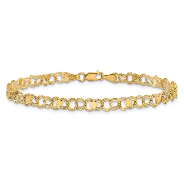 10k Yellow Gold 4mm Double Link Heart Charm Bracelet