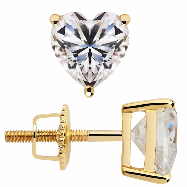 White Cubic Zirconia 14k Yellow Gold Heart Studs With Velvet Gift Box 1.50ctw