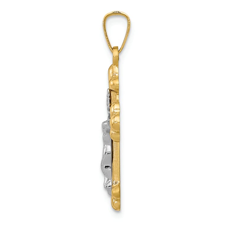 14K Two-tone Gold Polished Brushed Budded INRI Crucifix Pendant
