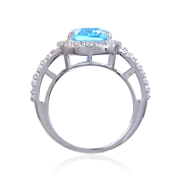 Blue and White Topaz Sterling Silver Halo with Split Shank Cocktail
Ring, 9.33ctw