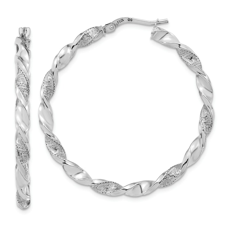 Rhodium Over 14K White Gold 1 5/8" Polished and Textured Twisted
Hoop Earrings