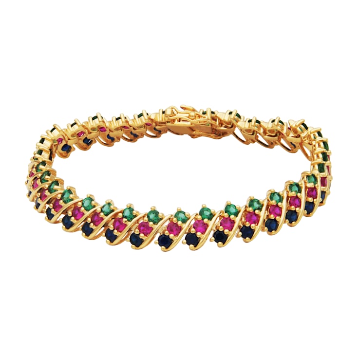 Green Lab Quartz, Blue Lab Sapphire & Lab Ruby 18k Yellow Gold Over
Silver Bracelet 11.38ctw