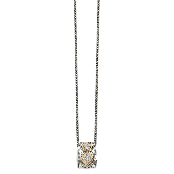 Sterling Silver Antiqued with 14K Accent Diamond Pendant Necklace