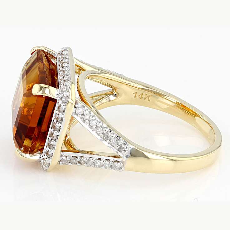 Citrine Rectangular Octagonal And White Diamond Halo Ring In Solid 14K
Yellow Gold 4.55ctw