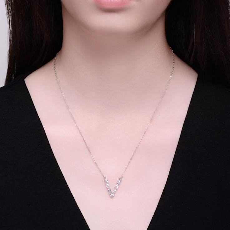 Initial V Mixed Cut CZ Pendant Necklace In Sterling Silver 18 Inch