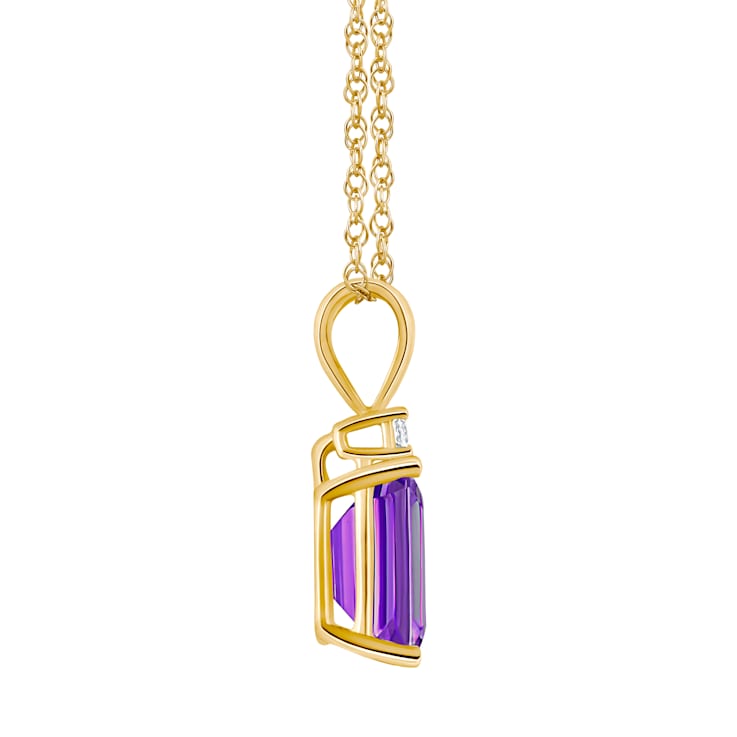 9x7mm Emerald Cut Amethyst with Diamond Accent 14k Yellow Gold Pendant
With Chain