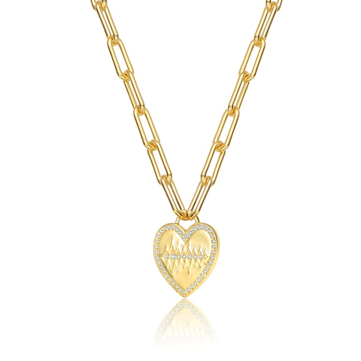 Pave CZ Heart Pendant Necklace In 14K Gold Over Brass