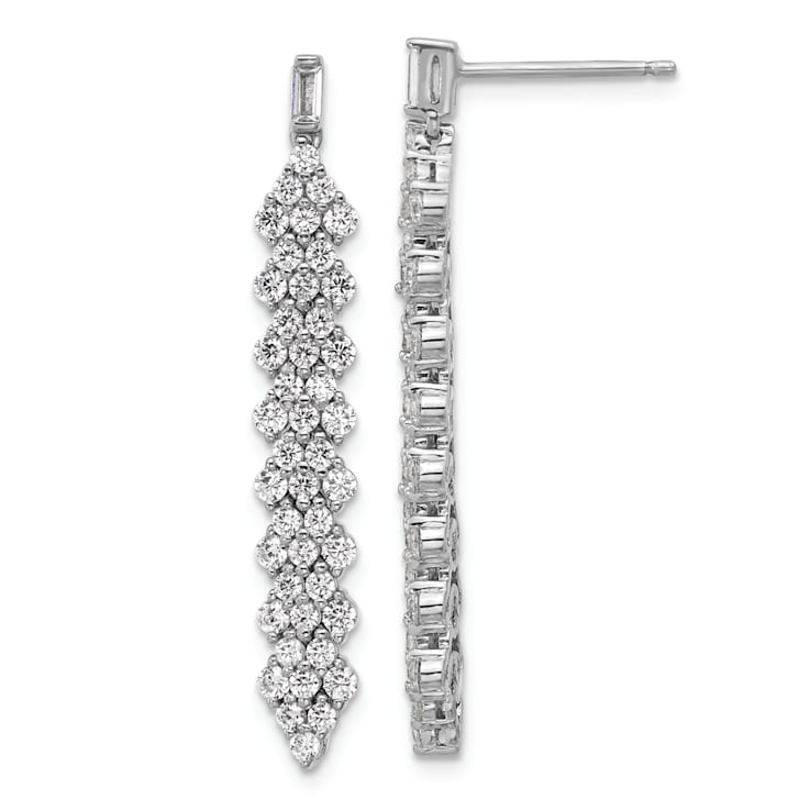 Rhodium Over Sterling Silver Fancy Cubic Zirconia Post Dangle Earrings