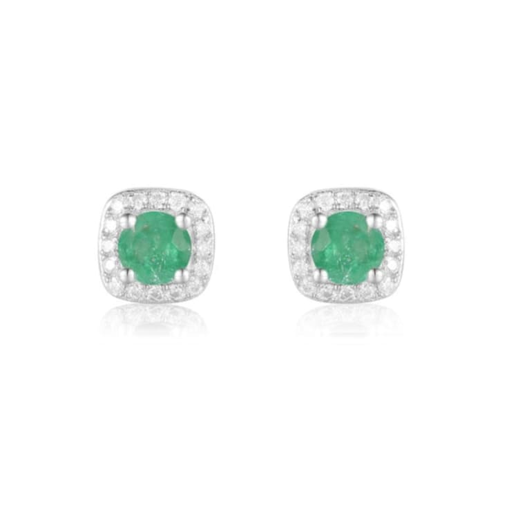Green Emerald with Moissanite Sterling Silver Halo Stud Earrings