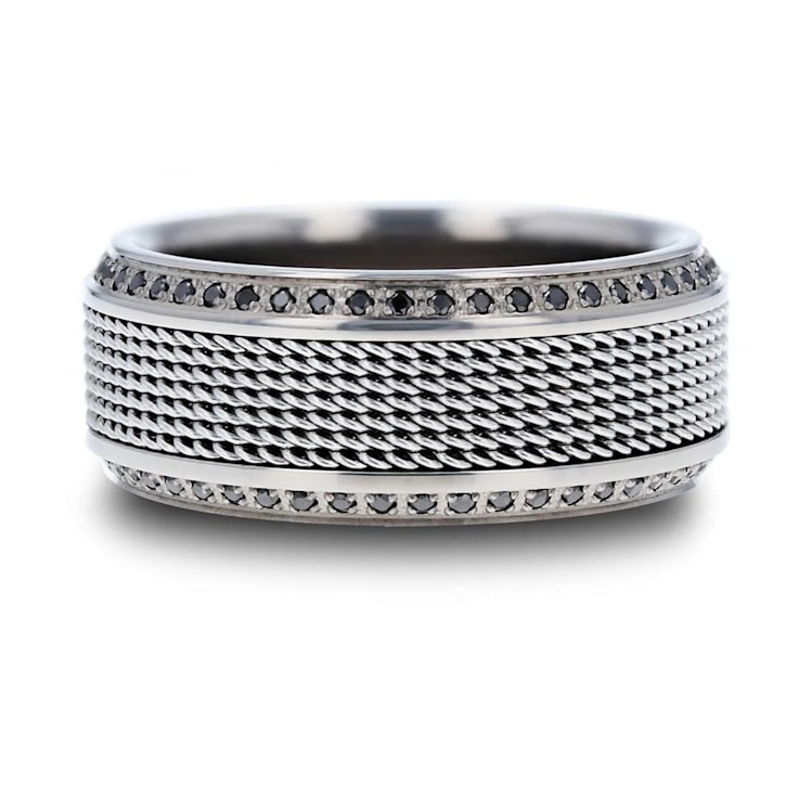 GAUNTLET Steel Chain Titanium Wedding Ring Polished Beveled Edges Set
with Round Black Diamonds 10mm