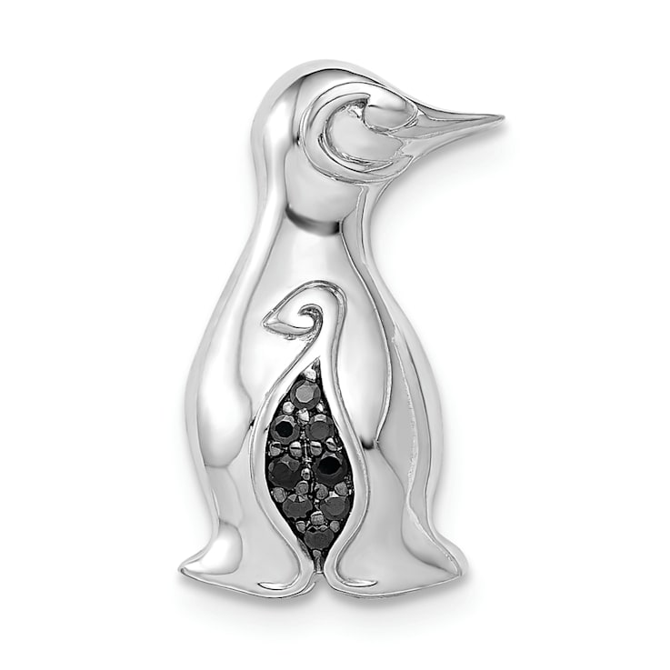 Rhodium Over 14k White Gold Black Diamond Penguins Chain Slide Pendant