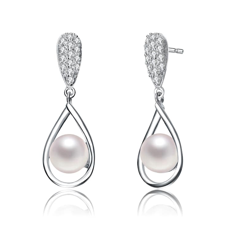 Pearl And CZ Drop Earrings In Sterling Silver