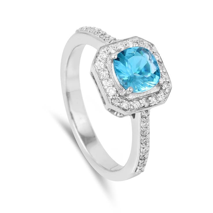Lab Grown Diamond and Paraiba Blue Apatite Rhodium Over Sterling Silver
Cushion Cut Halo Ring