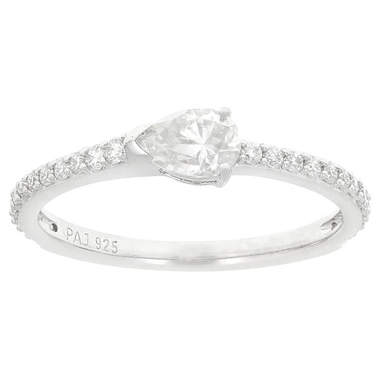 Moissanite Pear and Round Ring Set in Platinum Silver