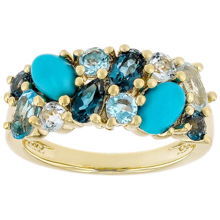 Turquoise And Multi-Blue Gemstone Ring In 18K Gold Over Sterling Silver 1.66ctw