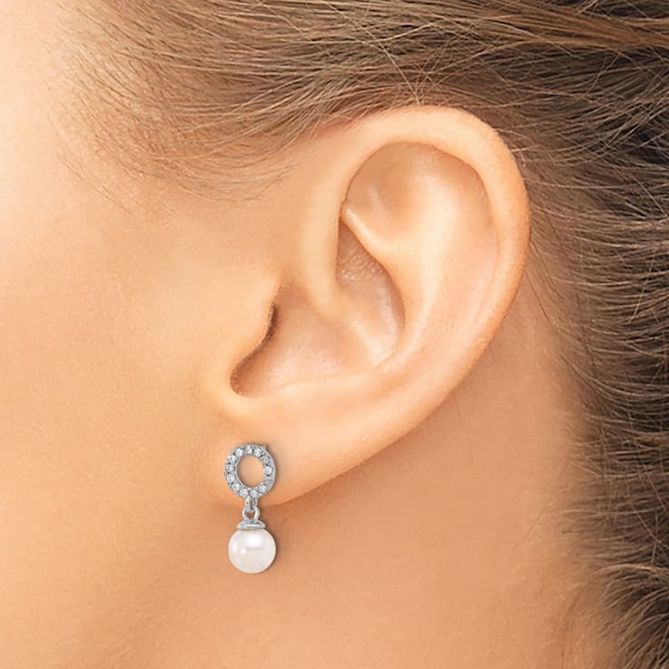 Rhodium Over 14K White Gold 6-7mm Round White Akoya Cultured Pearl and
0.20ctw Diamond Earrings