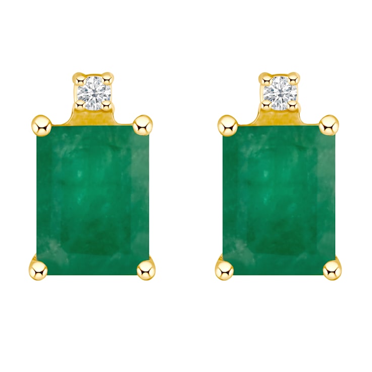6x4mm Emerald Cut Emerald with Diamond Accents 14k Yellow Gold Stud Earrings