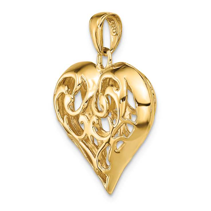 14k Yellow Gold 3D Polished Filigree Puffed Heart Pendant