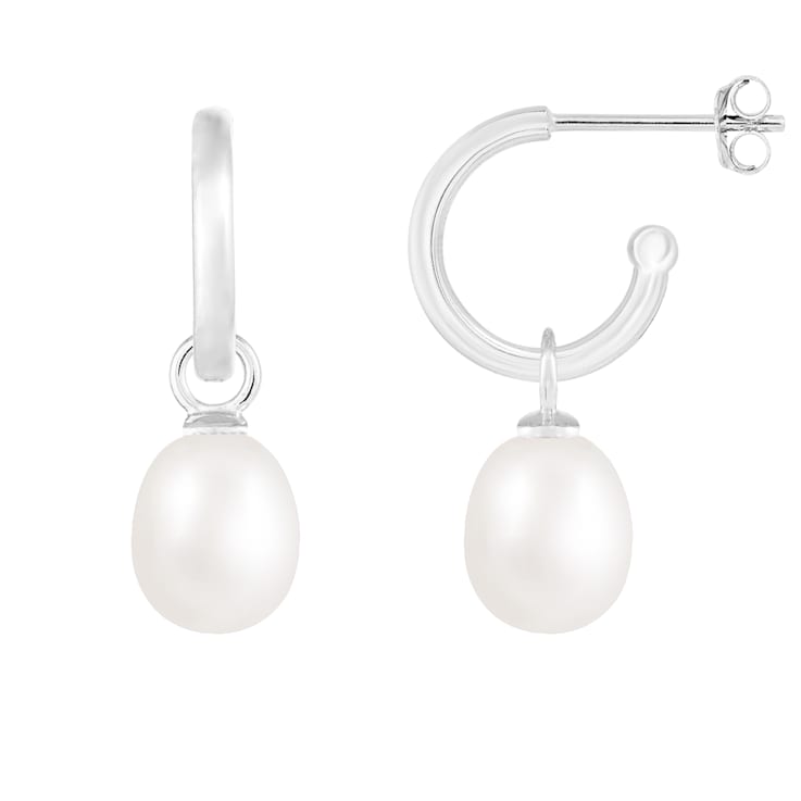 7.5-8mm White Cultured Freshwater Pearl Rhodium Over Sterling Silver Earrings