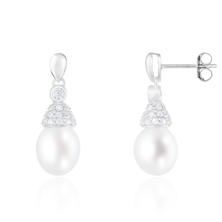 7.5-8mm White Cultured Freshwater Pearl Rhodium Over Sterling Silver Earrings