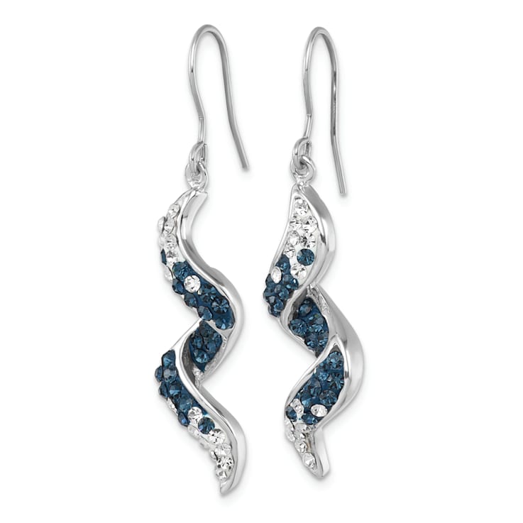 Rhodium Over Sterling Silver Long Twirl Crystal Wave Dangle Earrings
