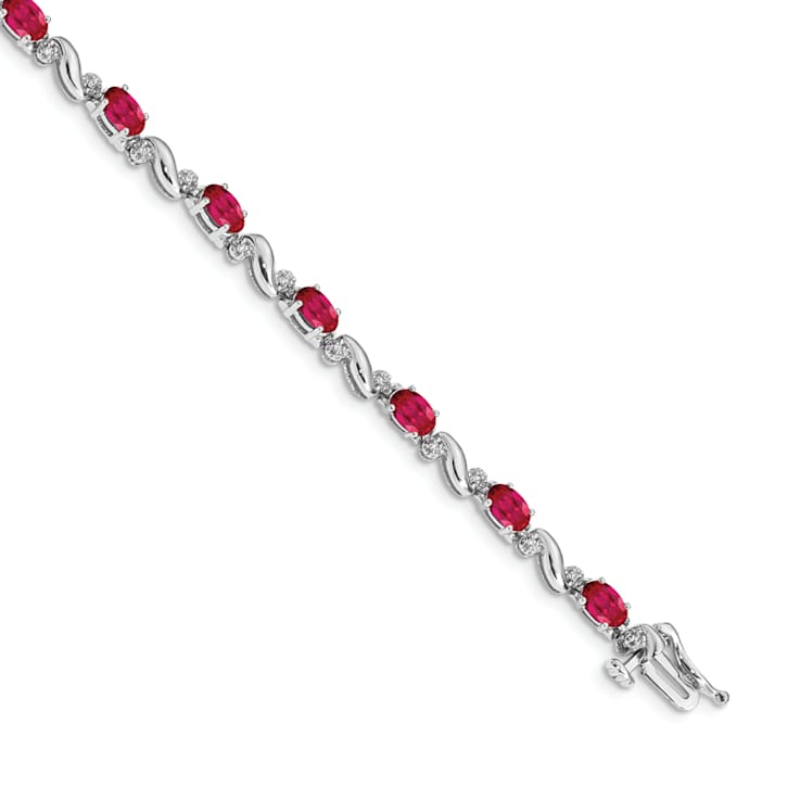 Rhodium Over 14k White Gold Diamond and Ruby Bracelet