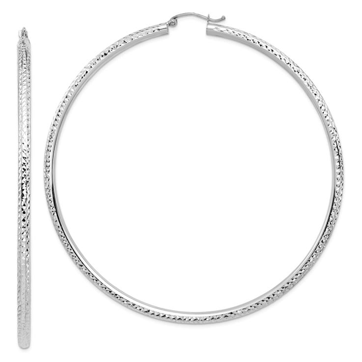 Rhodium Over 14k White Gold 3 1/4" Diamond-Cut Hoop Earrings