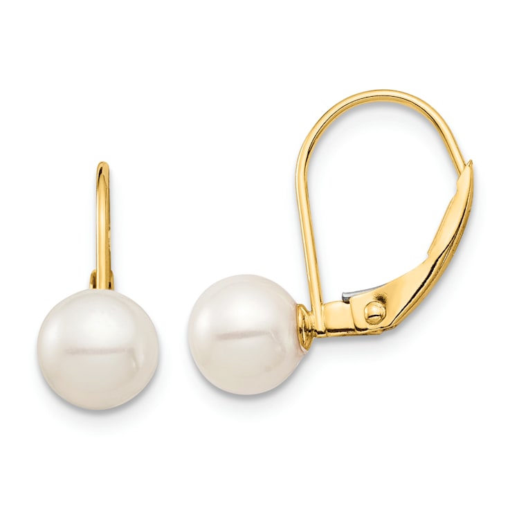 14K Yellow Gold 6-7mm White Round Freshwater Cultured Pearl Dangle Earrings