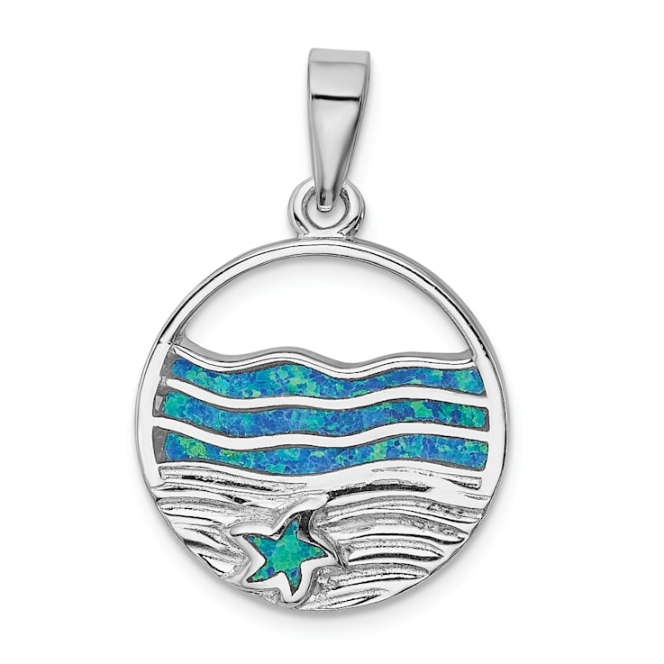 Rhodium Over Sterling Silver Lab Created Opal Starfish Ocean Pendant