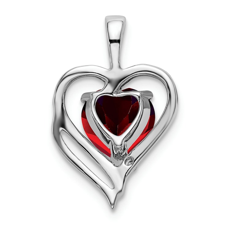 Rhodium Over 14k White Gold Garnet and Diamond Heart Pendant