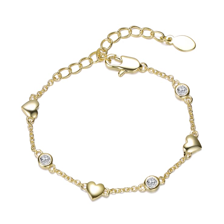 Heart Charm Station Bracelet With CZ In 14K Gold Over Brass