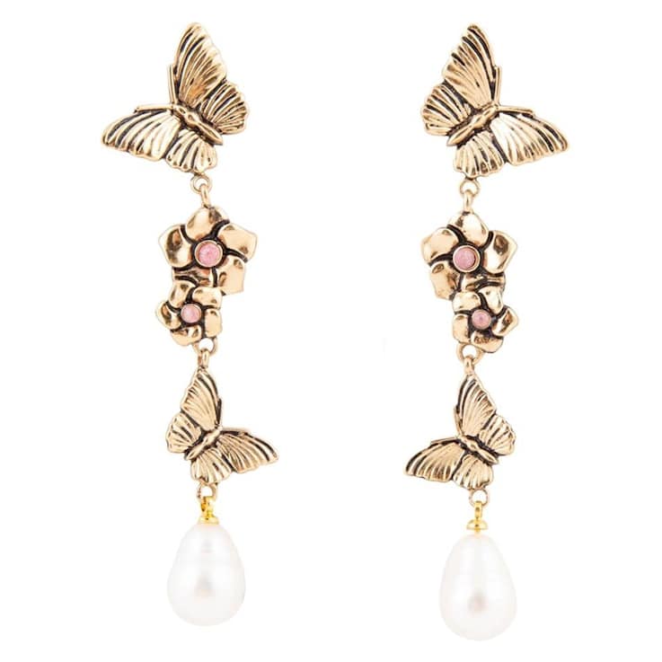 Barse Jewelry Freshwater Pearl With Rhodonite Gold Tone Butterfly Dangle Earrings