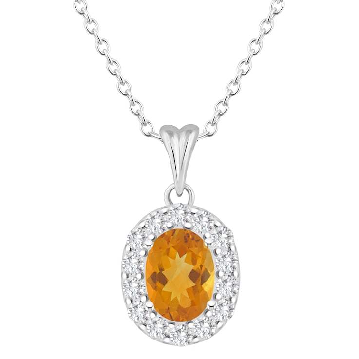 8x6mm Oval Citrine and White Topaz Accent Rhodium Over Sterling Silver
Halo Pendant w/Chain