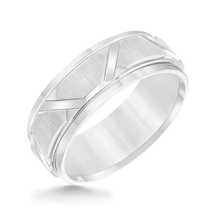 8mm Step-Edge Diagonal-Cut Comfort Fit Band in Gray Tungsten Carbide
with Wire Brush Finish