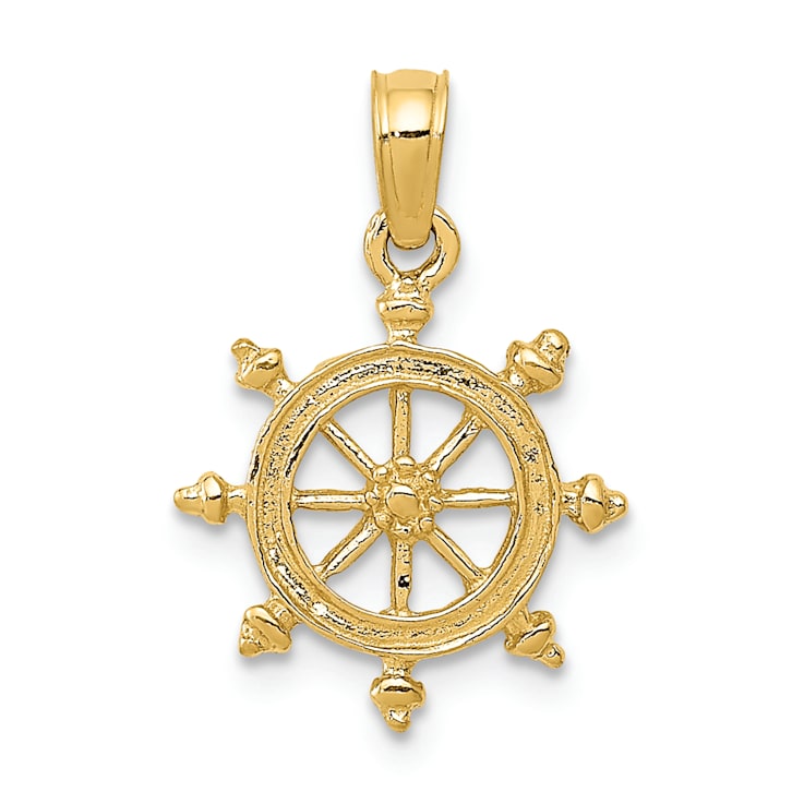 14k Yellow Gold Textured Ship Wheel Pendant