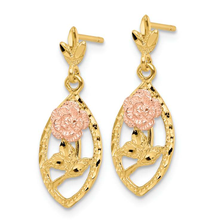 14k Two-tone Textured Flower Dangle Earrings