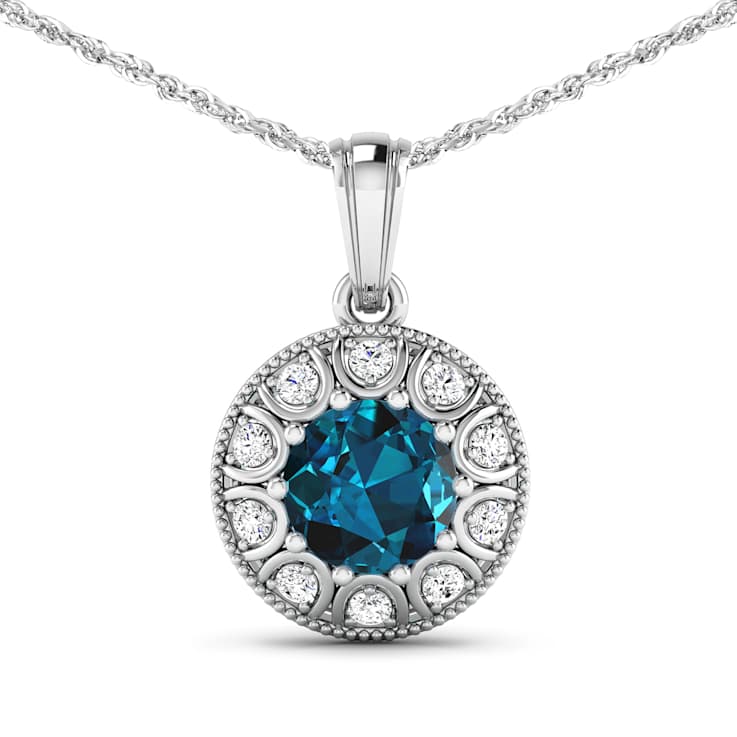 2.05ctw 14K White Gold Blue London Blue Topaz and White Diamond Pendant
with 18 inch Cable Chain