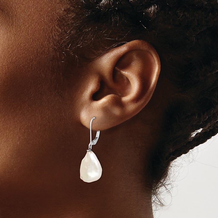 Rhodium Over Sterling Silver 13-15mm Keshi Freshwater Cultured Pearl
Leverback Earrings