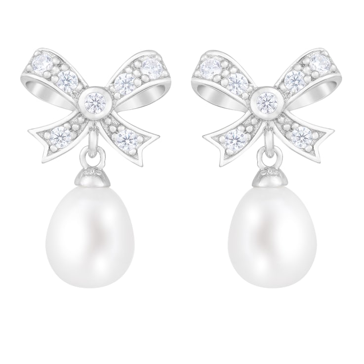 8-8.5mm White Cultured Freshwater Pearl and Cubic Zirconia Rhodium Over
Sterling Silver Earrings