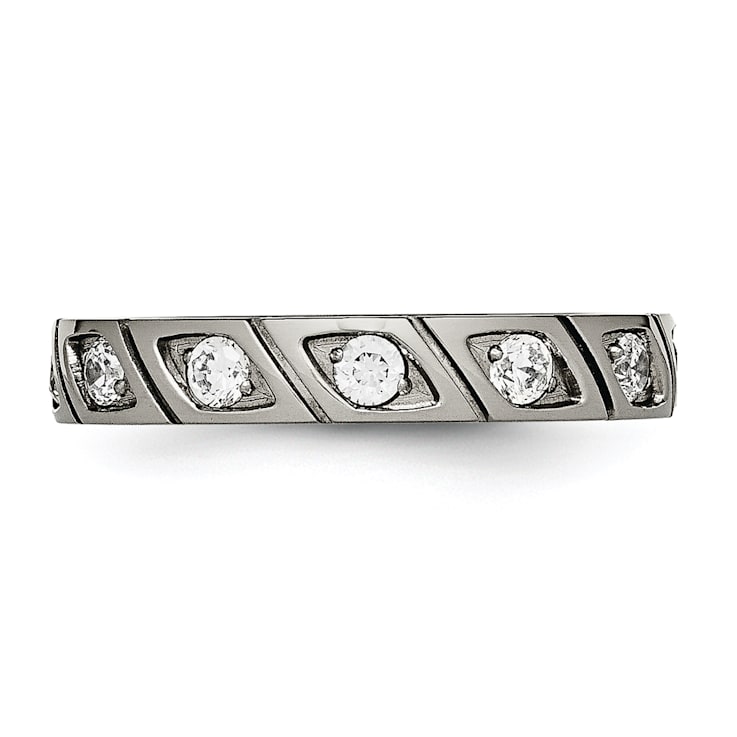 White Cubic Zirconia Titanium 4mm Men's Grooved Band Ring