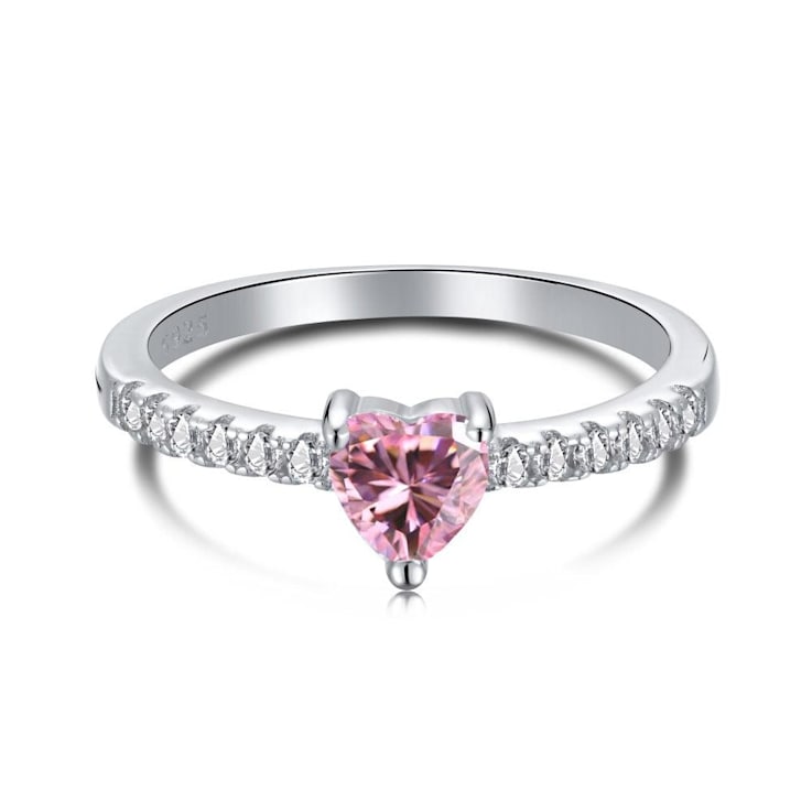 Heart Shape Pink and Round White Cubic Zirconia Accents Sterling Silver Ring
