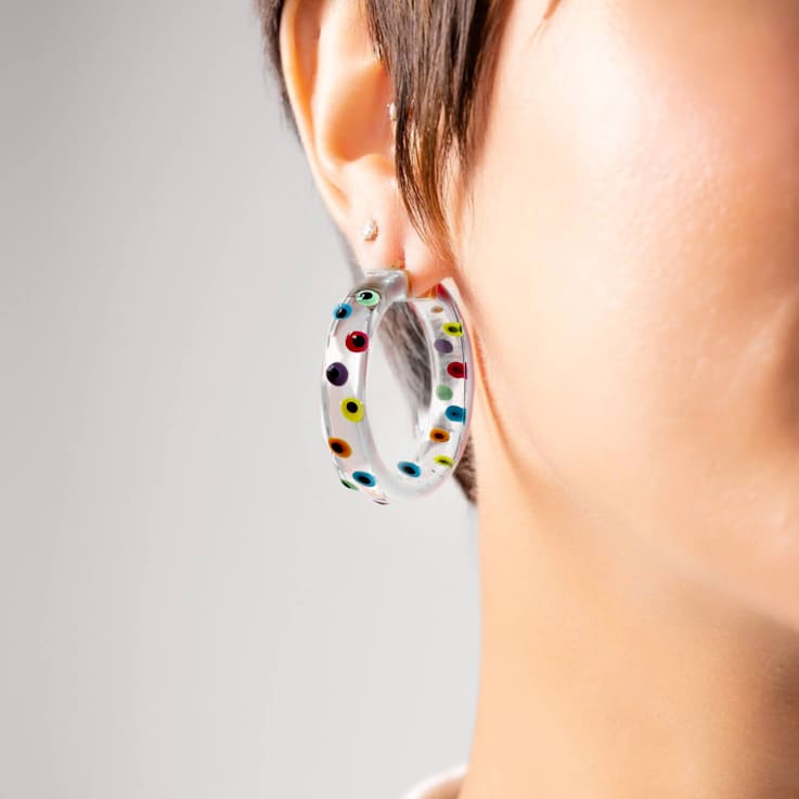 14K Yellow Gold Over Sterling Silver Acrylic and Hand Painted Enamel
Flat Illusion Hoops in Evil Eye
